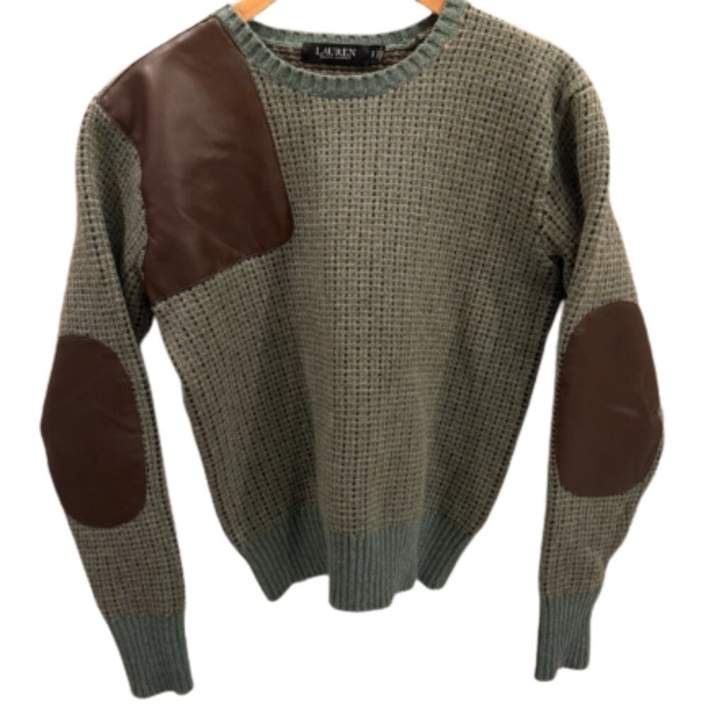 Ralph Lauren Faux-Leather-Trim Wool-Blend Sweater Green/Blue Color Block Sz S/P